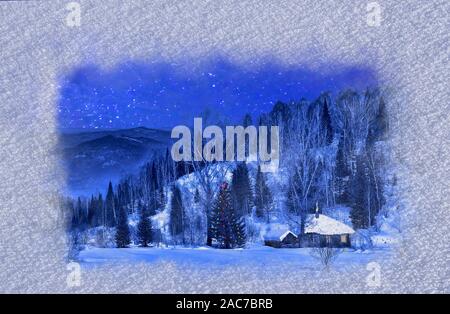 Lonely wooden mountain house on Christmas Eve. Moonlit starry night, light in the windows, snowy forest, decorated Christmas tree with garlands of lig Stock Photo