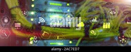 Industry technology concept. Yellow Mixed Media virtual screen. Manufacturing wireless computing future technology server Stock Photo