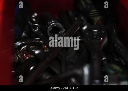 Kuwait City/Kuwait - 12/01/2019: Grimy and soiled steel oil change tools and equipment Stock Photo