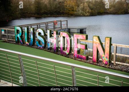 Rushden, Northamptonshire, United Kingdom - 15 November 2019 - Rushden Inscription letters. Stock Photo