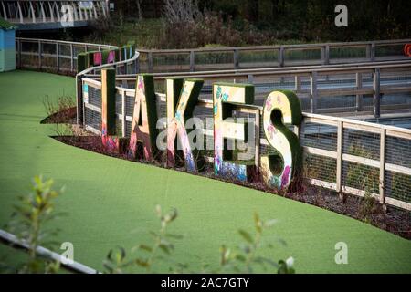 Rushden, Northamptonshire, United Kingdom - 15 November 2019 - Rushden Inscription letters. Stock Photo