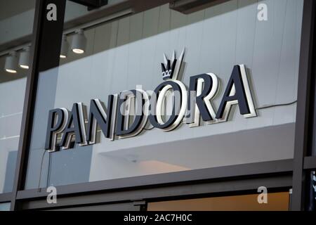 Rushden, Northamptonshire, United Kingdom - 15 November 2019 - Shopping center in Rushden. The sign for a Pandora jewellery store. Stock Photo