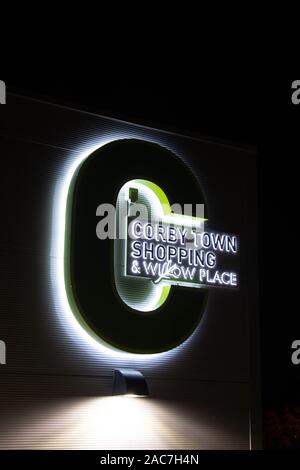 Rushden, Northamptonshire, United Kingdom - 15 November 2019 - Corby shopping centre night street view. Town centre in Northampton. Stock Photo