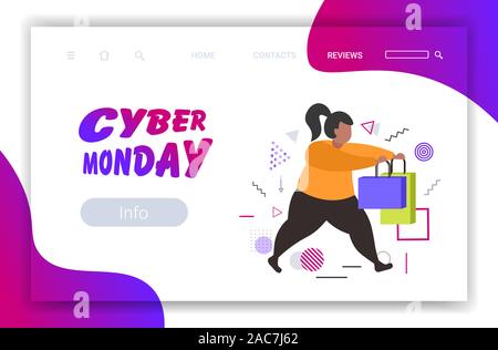 fat woman running with shopping bags cyber monday big sale concept christmas new year holidays discount overweight female shopper with purchases full length horizontal vector illustration Stock Vector