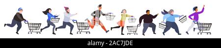 mix race people running with baskets and trolley carts black friday big sale concept holidays special offer discount horizontal banner full length vector illustration Stock Vector