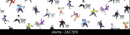 people running with baskets and trolley cart black friday big sale concept christmas holidays special offer discount seamless pattern horizontal full length vector illustration Stock Vector