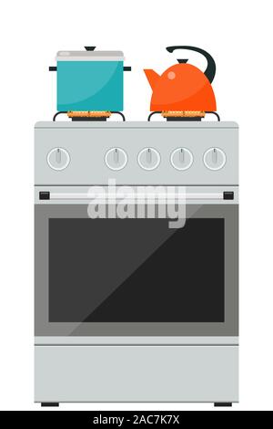Modern gas stove, pot and kettle on it on flame. Home kitchen stove. Preparing food, cooking. Vector illustration in flat style Stock Vector