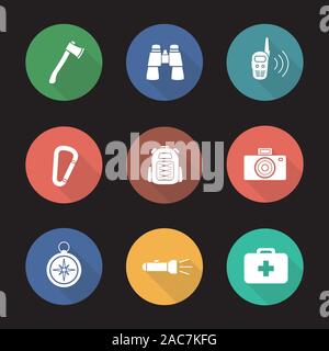 Camping equipment flat design long shadow icons set. Tourist gear. Axe, binoculars, walkie-talkie, carabiner, backpack, photo camera, compass, flashli Stock Vector