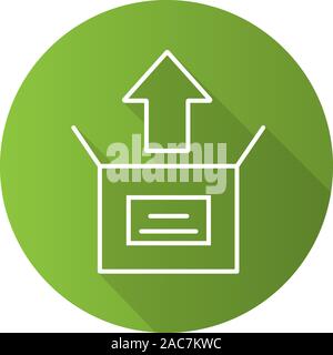 Unboxing flat linear long shadow icon. Box unpacking. Vector line symbol Stock Vector