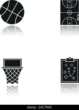 Basketball drop shadow black icons set. Basketball hoop, court, ball and clipboard game plan. Isolated vector illustrations Stock Vector