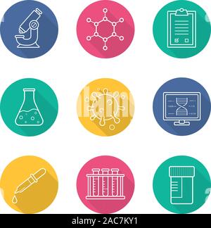 Science laboratory flat linear long shadow icons set. Microscope, molecular structure, tests checklist, beaker with liquid, virus, lab computer, pipet Stock Vector
