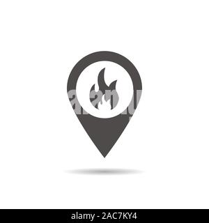 Fire location icon. Drop shadow silhouette symbol. Flame inside pinpoint. Fire nearby. Vector isolated illustration Stock Vector