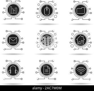 Cyber technology icons set. Cloud computing. Wifi, access, digital storage, email security, worldwide network, web document, digital music, smart hous Stock Vector