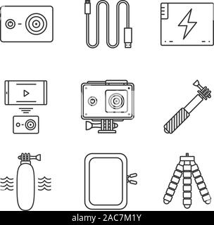 Action camera linear icons set. Sport cam, usb cable, battery, phone connection, waterproof case, selfie monopod stick, floating grip, box, tripod. Th Stock Vector