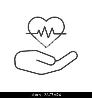 Heart care linear icon. Thin line illustration. Human hand with heartbeat curve contour symbol. Vector isolated outline drawing Stock Vector