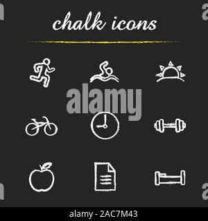 Healthy lifestyle chalk icons set. Daily timetable. Runner, swimmer, sunrise, bike, clock, gym barbell, apple, file, bed. Isolated vector chalkboard i Stock Vector