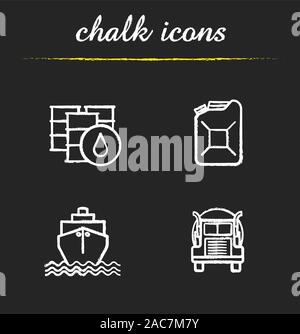 Oil transportation chalk icons set. Petrol barrels and gasoline jerrycan, cargo ship and transportation tank truck. Isolated vector chalkboard illustr Stock Vector