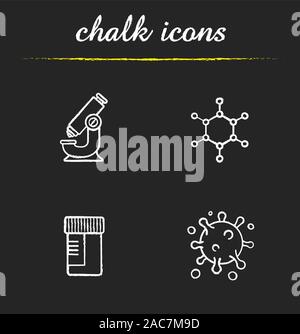 Science laboratory chalk icons set. Microscope, molecule structure and virus, medical lab tests jar. Isolated vector chalkboard illustrations Stock Vector