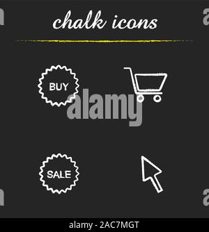 Online shopping chalk icons set. Buy and sale stickers, add to cart button, computer mouse cursor. Isolated vector chalkboard illustrations Stock Vector