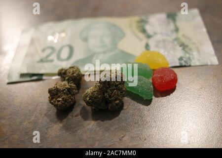 Cannabis edibles, medical marijuana, CBD infused gummies and edible pot concept theme with close up on colorful gummy bears and weed buds on dark Stock Photo