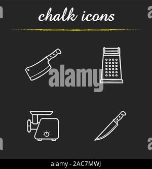 Kitchen equipment chalk icons set. Butcher's chopper, grater, meat grinder, knife. Isolated vector chalkboard illustrations Stock Vector