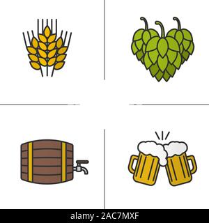 Beer color icons set. Wheat ears, hop cones, alcohol wooden barrel, toasting beer glasses. Isolated vector illustrations Stock Vector