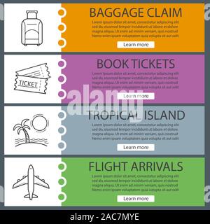 Vacation and travel banner templates set. Easy to edit. Tickets, suitcase, airplane flight, tropical island. Website menu items with linear icons. Col Stock Vector