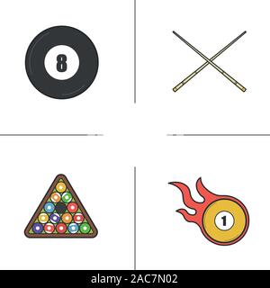 Billiard color icons set. Pool equipment. Cuesports accessories. Eight ball, cues, ball rack and burning ball. Isolated vector illustrations Stock Vector