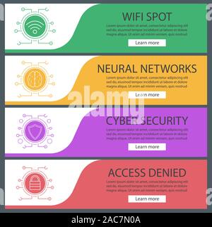Digital banner templates set. Easy to edit. Cyber technology. Wifi connection, human brain, security shield, lock. Website menu items. Color web banne Stock Vector