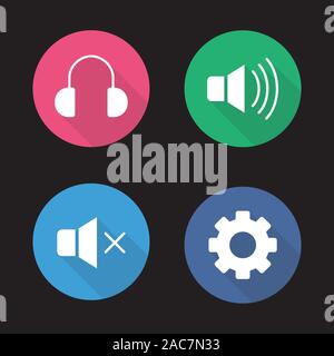 Music player menu buttons. Flat design long shadow icons set. Mute on and off, headphones and settings gear. Vector silhouette illustration Stock Vector