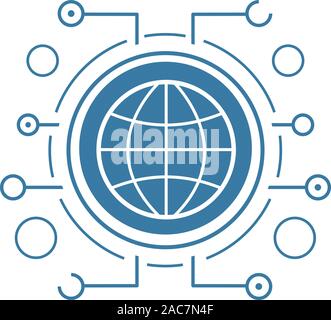 Global network flat linear long shadow icon. Globe in microchip pathways. Vector line symbol Stock Vector
