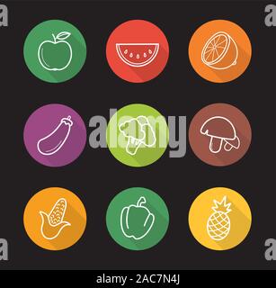Fruit and vegetables flat linear long shadow icons set. Apple, watermelon slice, lemon half, eggplant, broccoli, mushrooms, corn, bell pepper, pineapp Stock Vector