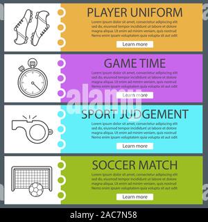 Soccer banner templates set. Easy to edit. Football player's boots, stopwatch, whistle ball and gates. Website menu items with linear icons. Color web Stock Vector