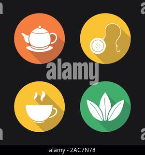 Tea flat design long shadow icons set. Steaming cup, teapot on plate, loose tea leaves and ball infuser. Vector silhouette illustration Stock Vector