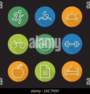Healthy lifestyle flat linear long shadow icons set. Daily timetable. Runner, swimmer, sunrise, bike, clock, gym barbell, apple, file, bed. Vector lin Stock Vector