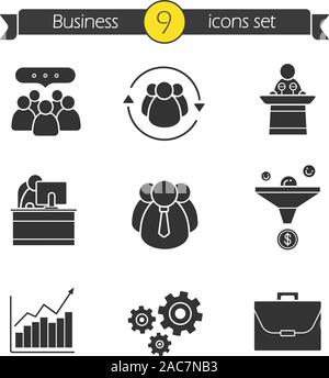 Business and teamwork icons set. Silhouette symbols. Team communication, speaker podium, office manager, company workers, sales funnel, growth chart, Stock Vector