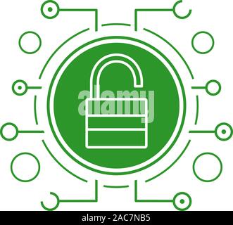 Cyber security flat linear long shadow icon. Access granted. Open padlock in microchip pathways. Vector line symbol Stock Vector