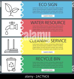 Environment protection banner templates set. Easy to edit. Plant, water resources, cleaning and recycle service. Website menu items with linear icons. Stock Vector
