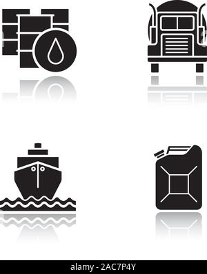 Oil transportation drop shadow black icons set. Petrol barrels and gasoline jerrycan, cargo ship and transportation tank truck. Isolated vector illust Stock Vector