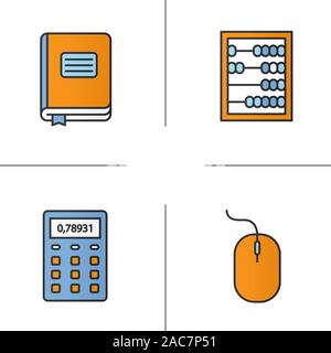 Accounting color icons set. Bookkeeper's journal, abacus, calculator, computer mouse. Isolated vector illustrations Stock Vector