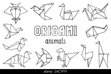 Origami animals hand drawn doodle set. Vector illustration of hand drawn figures from paper Stock Vector