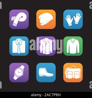 Men's fashion flat design icons set. Clothes and accessories. Scarf, winter hat, gloves, shirt and tie, coat, sweater, wrist watch, boot, handbag. Web Stock Vector