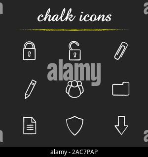 Digital chalk icons set. Cyber security. Access granted and denied, save, edit, download buttons. Social network, folder, document, shield. Isolated v Stock Vector