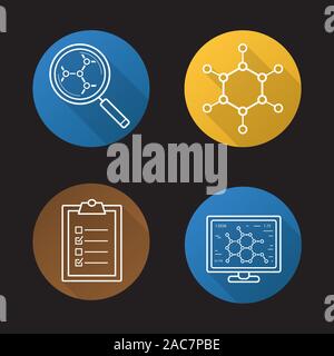 Science lab flat linear long shadow icons set. Molecule, laboratory computer, molecular structure analysis, tests checklist. Vector line illustration Stock Vector