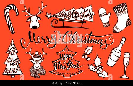 Doodle Christmas decor Set and lettering. Cute hand drawn elements for festive design. Merry Christmas and New Year items, symbols. Vector illustration Stock Vector