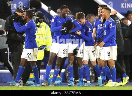 Leicester City players celebrate their victory after the final whistle during the Premier League match at The King Power Stadium, Leicester. Stock Photo