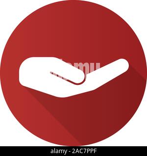 Begging hand gesture. Flat design long shadow icon. Outstretched cupped hand. Vector red silhouette symbol Stock Vector