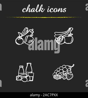 Grocery store products chalk icons set. Fruit, vegetables, berries, dairy. Isolated vector chalkboard illustrations Stock Vector