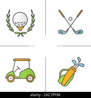 Golf equipment color icons set. Ball in laurel wreath, crossed clubs, cart and bag. Isolated vector illustrations Stock Vector