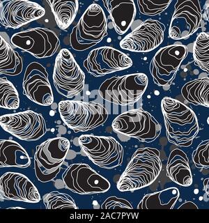 Abstract Oyster Line Drawing Seamless Pattern with Color Splashes on Blue Stock Vector